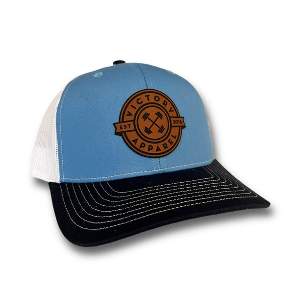 VA Leather Patch Trucker Hat (Columbia Blue/Navy)-Victory Apparel, Inc.