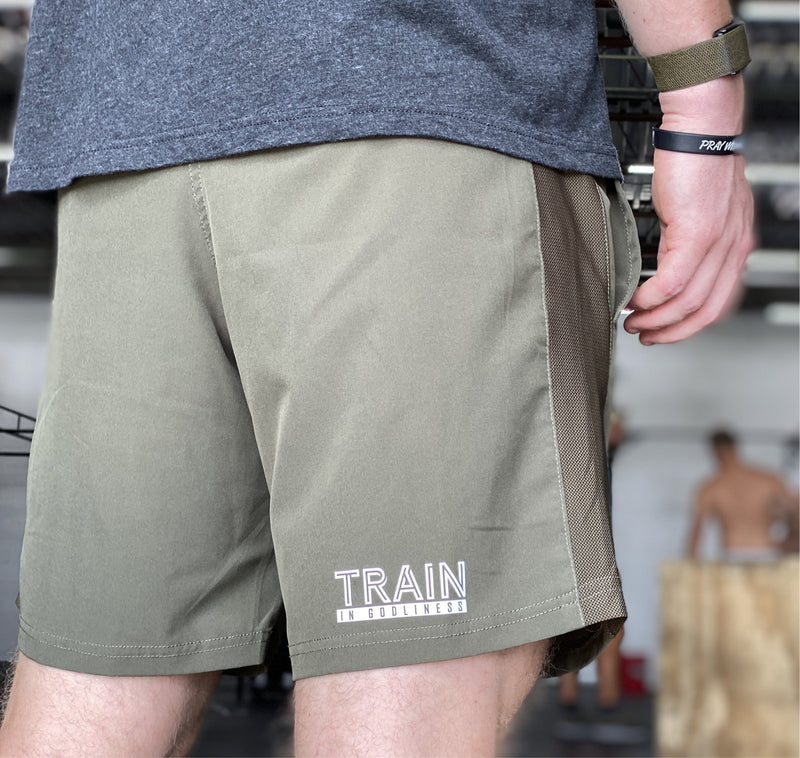 Men's Train in Godliness Training Shorts (Forest Green)-Victory Apparel, Inc.